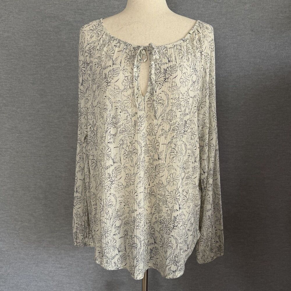 Lucky Brand Boho Floral Gauzy Top Womens XL Cottagecore Coastal Grandma Neutrals